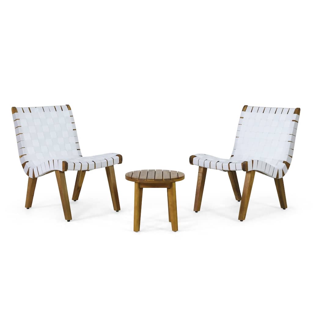 3 Piece Teak White Acacia Wood Outdoor Chat Set with Rope Weave Chairs and Table - Chair Dimension: 20.25"W x 28"D x 29.75"H