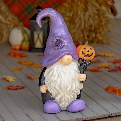 Halloween Gnome Wizard with Pumpkin Wand & Purple Hat