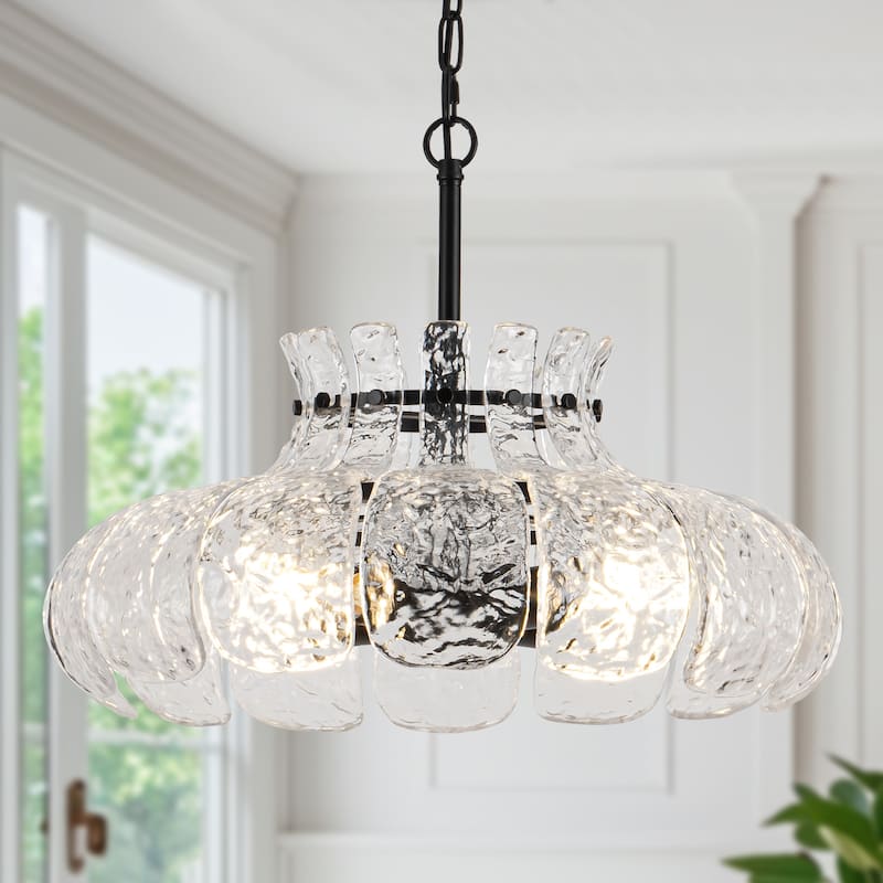 20.47-inch modern unique 4-light metal pendant lamp with glass ripple lampshade and adjustable height - Black