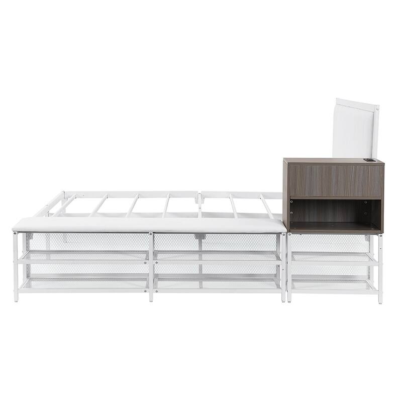 Full Size Metal Bed with Storage Shelves and Built-in Wooden Cabinet