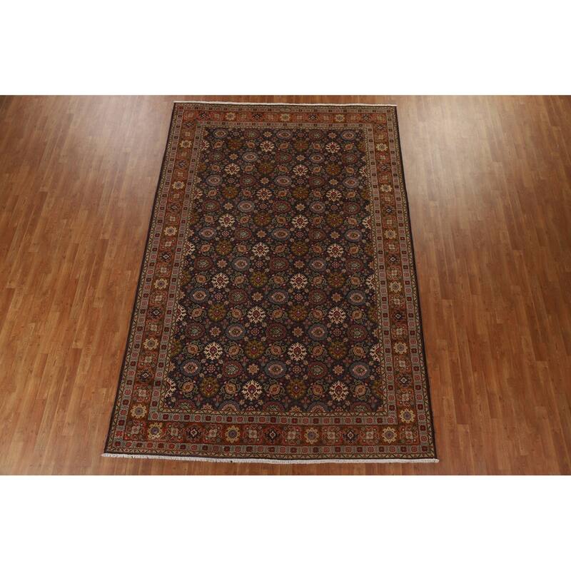 Hand Knotted Oriental 100% Wool Carpet Traditional Floral Navy Blue & Blues Tabriz Area Rug - 11' 5'' X 7' 7''