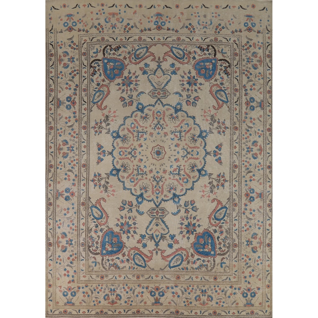 Floral Tabriz Persian Area Rug Traditional Beige Handmade Wool Carpet - 8'1"x 10'11"