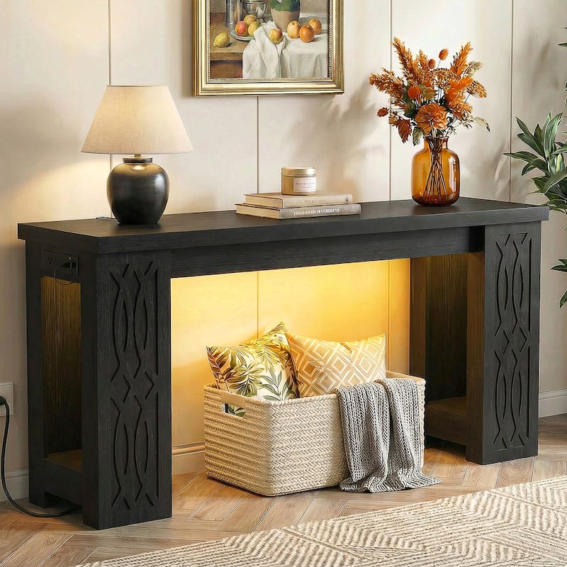 63" Farmhouse Console Table with RGB LED Lights ＆ Power Outlets, Unique Carved Design Entryway Table, Wooden Sofa Table - Black