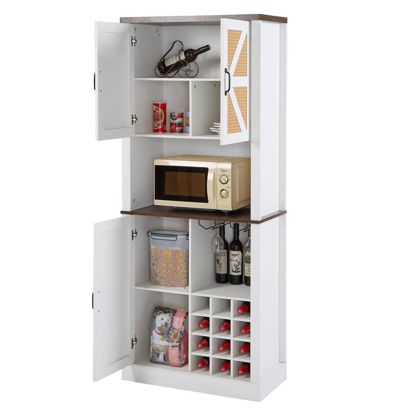 76 Inch Home Bar Cabinet, Coffee Bar Cabinet with Shelves,Faux Rattan Wine Cabinet