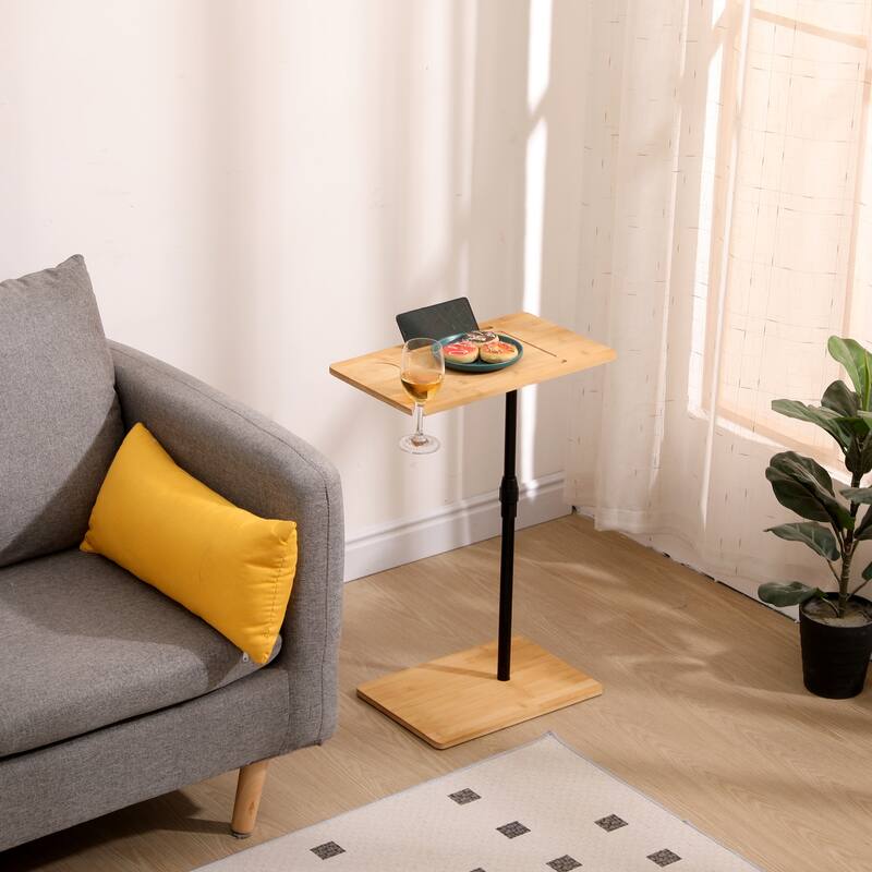 Couch Tray Table Bamboo Height Adjustable Side Table for Sofa C-shaped Oval End Tables