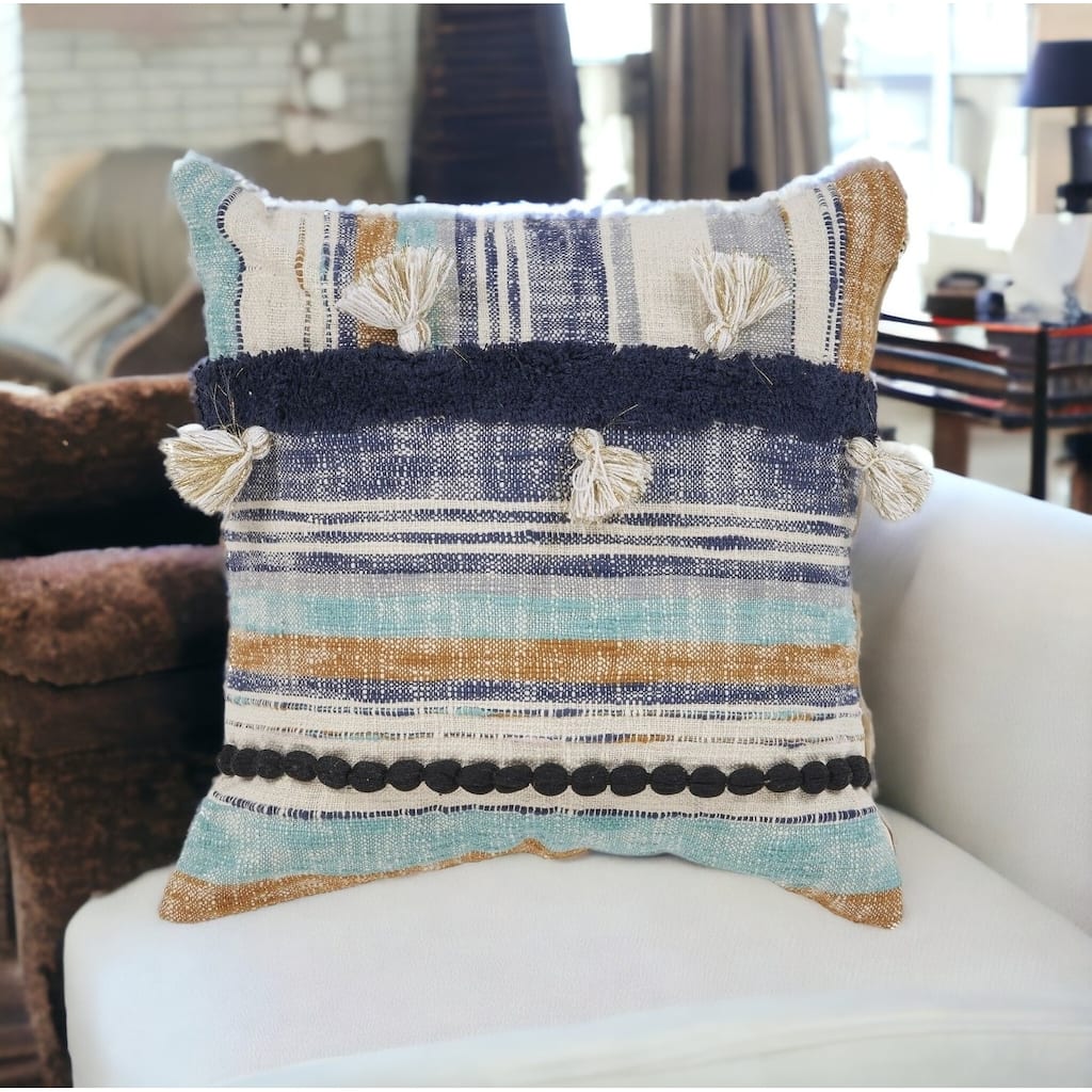 HomeRoots 18" X 18" Blue and Beige Patchwork Cotton Zippered Pillow With Tassels