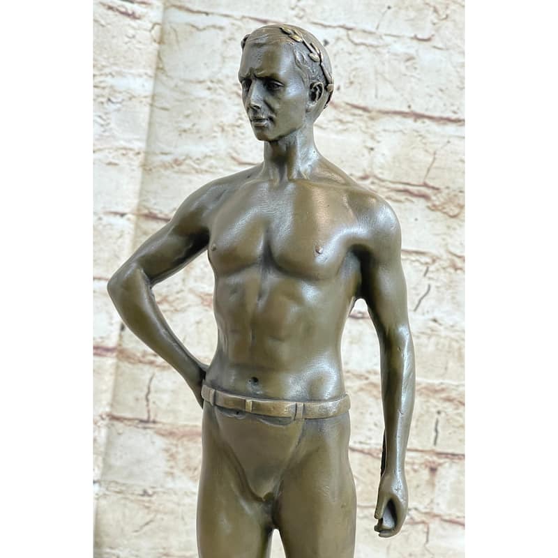Muscular Male Figure In Loin Cloth Bronze Statue Sculpture Decor On Marble Base