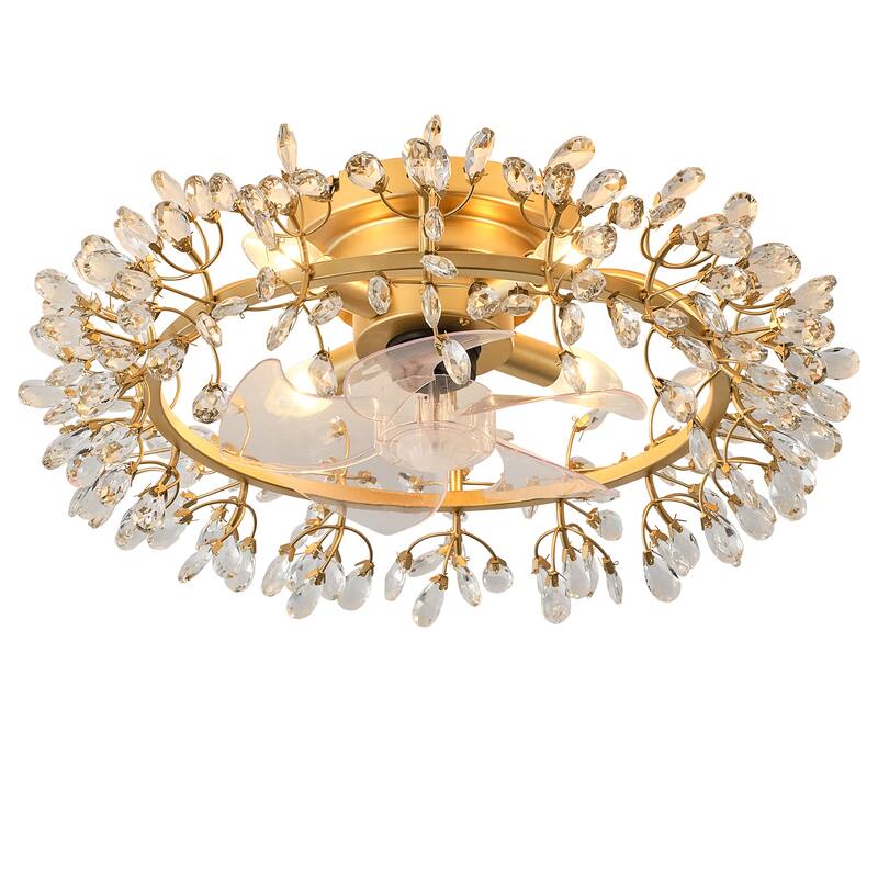23" Contemporary Gold 4-Light Crystal Low-Profile Flush Mount Ceiling Fan with Remote