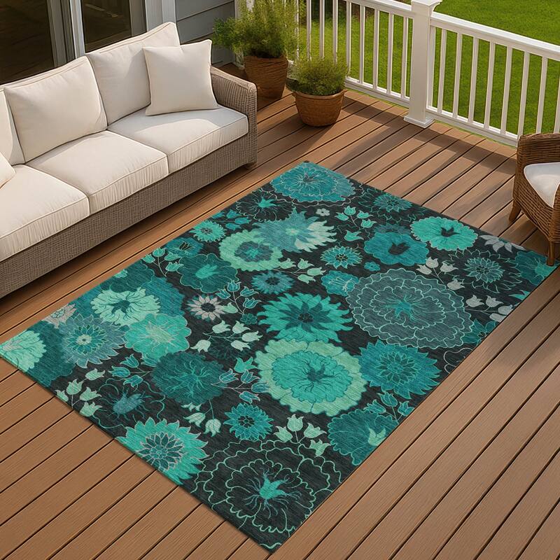 Machine Washable Indoor/ Outdoor Modern Floral Chantille Rug - Teal - 2'6" x 3'10"
