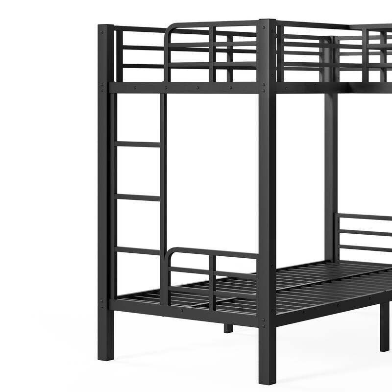 L-shaped Triple Bunk Bed with Desk and Wardrobe, Twin XL over Twin XL Bunk Bed with an Attached Full Loft Bed