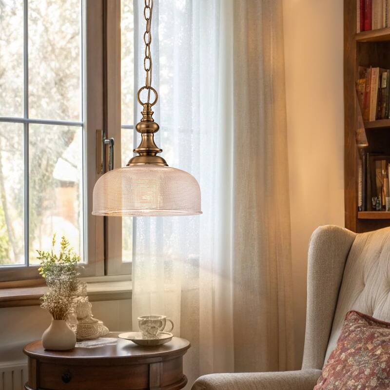 Mid-Century Modern 1-Light Gold Dome Pendant Light with Grid-Textured Glass for Kitchen Island Dining Room