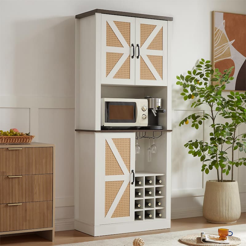 76 Inch Home Bar Cabinet, Coffee Bar Cabinet with Shelves,Faux Rattan Wine Cabinet