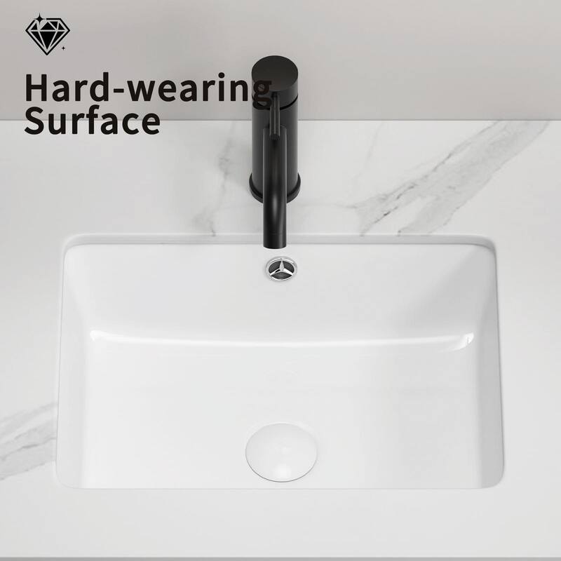 Undermount Bathroom Sink - White Rectangular Porcelain Ceramic Vessel Sink, Deep Basin with Overflow