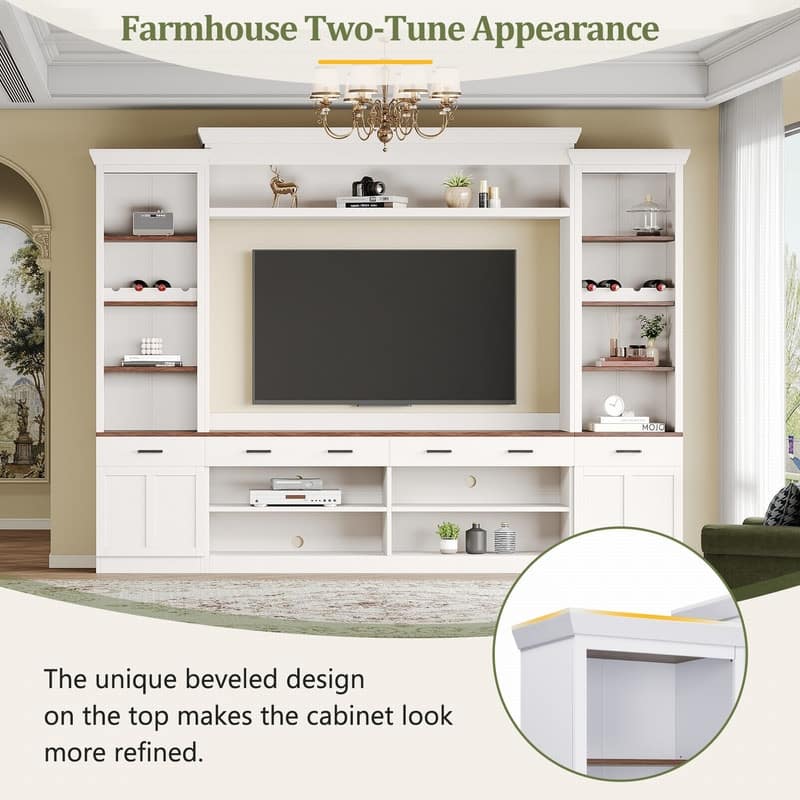 108.2"W Farmhouse 4-Piece Entertainment Wall Unit Set with Bookshelf for TVs Up to 70"