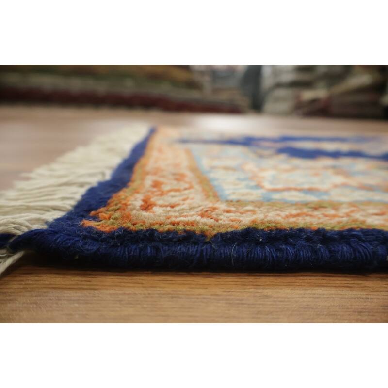 Hand Knotted Oriental 100% Wool Carpet Traditional Floral Navy Blue & Blues Kerman Runner Rug - 9' 10'' X 2' 5''