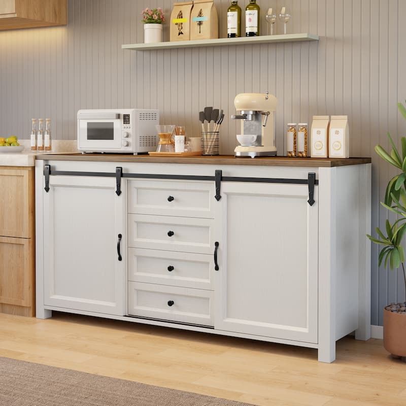 Farmhouse Sideboard Buffet Cabinet with Storage,Coffee Bar Cabinet with 4 Drawers and Sliding Barn Doors - Retro