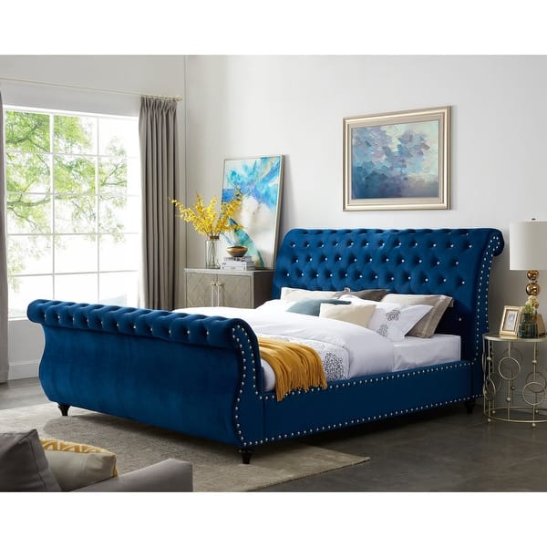 slide 9 of 8, Roundhill Furniture Evora Blue Velvet Upholstered Crystal Button Tufted Sleigh Bed Queen