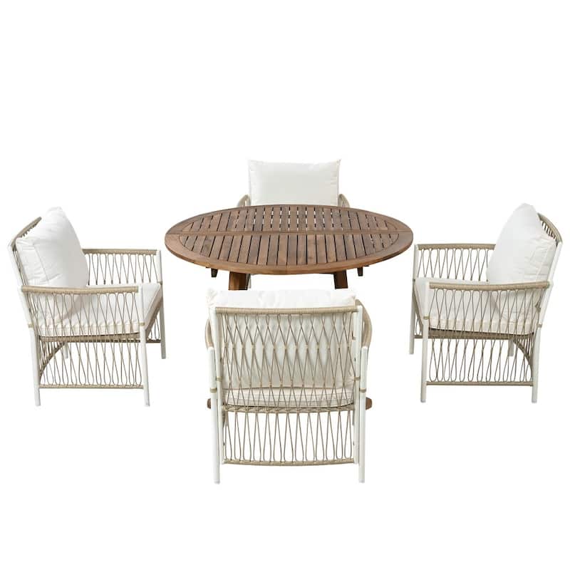 Patio 5-piece Wooden Dining Set with 12 inch Butterfly Leaf Foldable Round Table