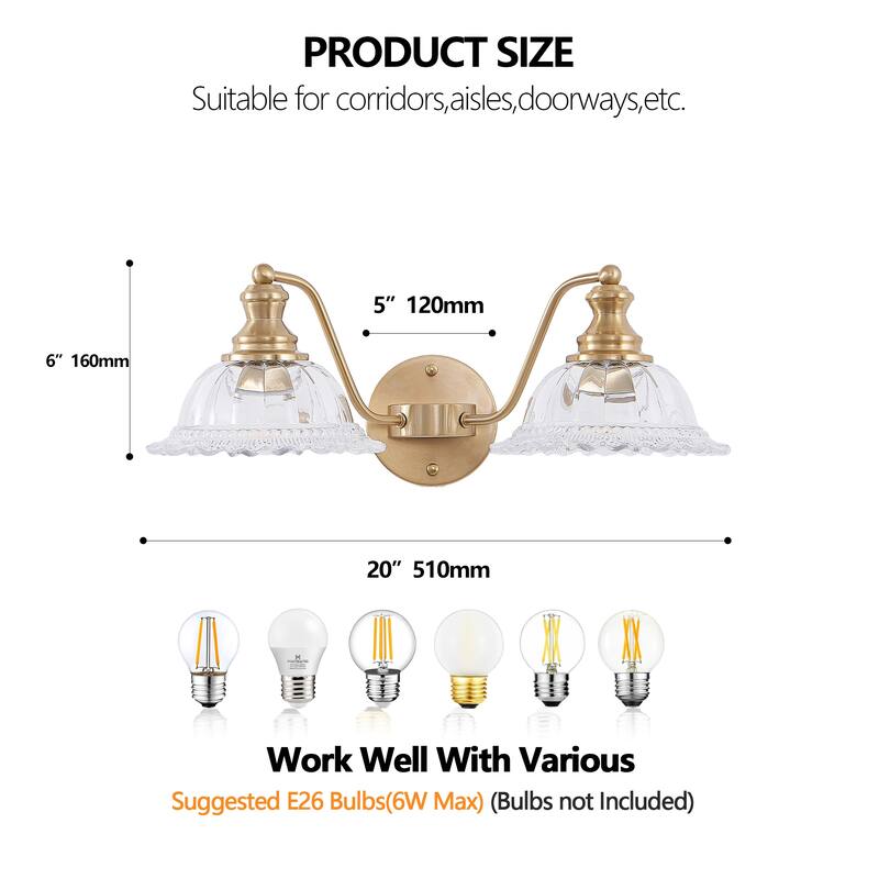 20" 2-Light Gold Vintage Vanity - Glass - Bathroom Bedroom(Bulb Not Included)