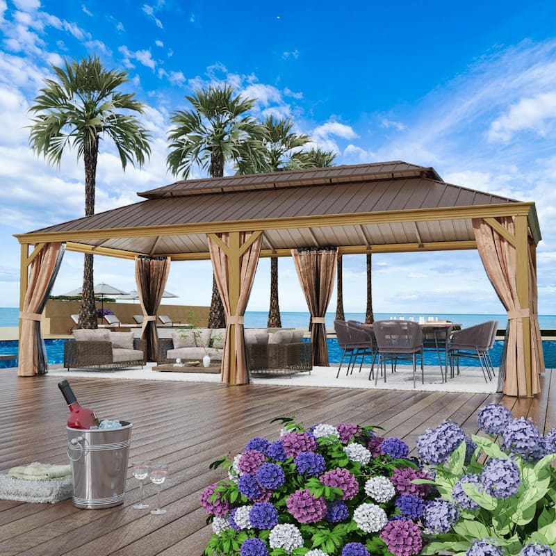 Outdoor Hardtop Gazebo with Galvanized Steel Double Roof & Aluminum Frame, Outdoor pergola with Premium Curtains and Nettings - 12'x24' - Wood Grain