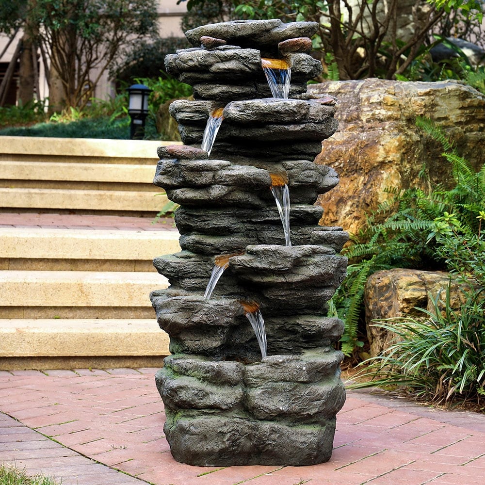Outdoor Water Fountain with LED Lights Cascade 4 Tier Rock Garden Large Patio 