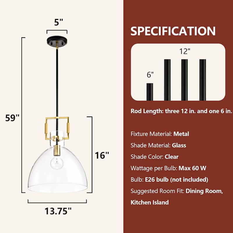 Oil Rubbed Bronze and Antique Gold 1-Light Clear Bowl Glass Pendant