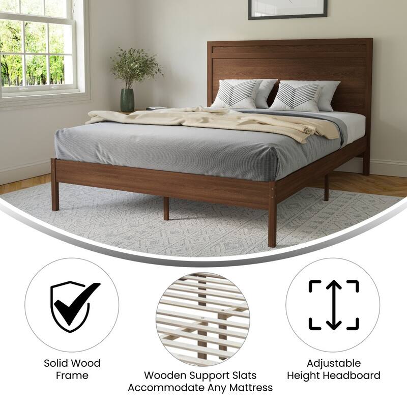Modern Solid Wood Platform Bed with Headboard and Wooden Slats