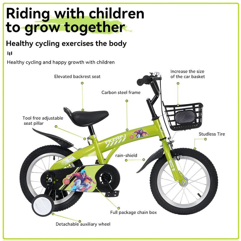 16 Inch Kids Bike with Adjustable Saddle, Dual Brakes and Training Wheels Steel Frame Bicycle for Ages 4-7