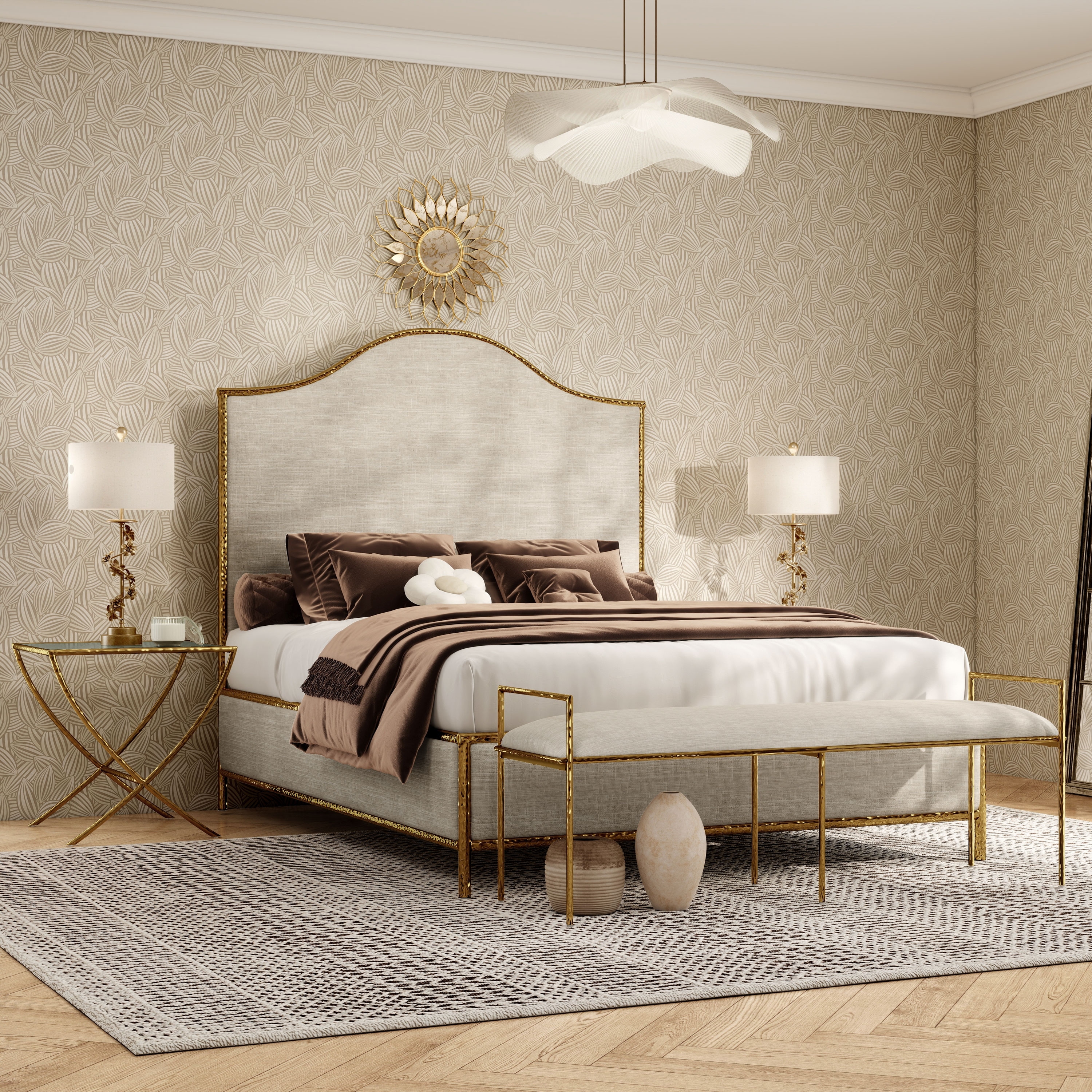 Furniture of America Zayen Modern 4-Piece Queen Size Hammered Metal Camelback Bedroom Set with 2 Nightstands and Bench