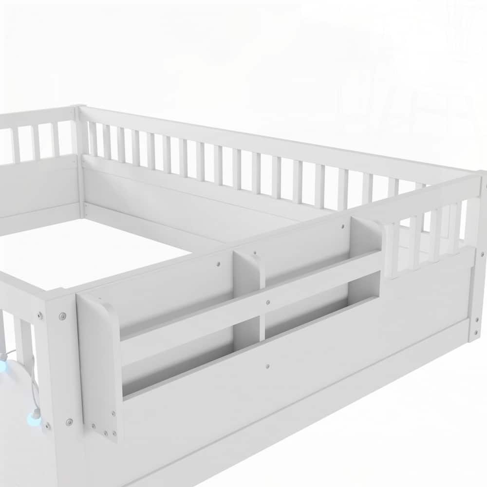 Montessori Floor Bed Frame with with Light and Storage Shelf
