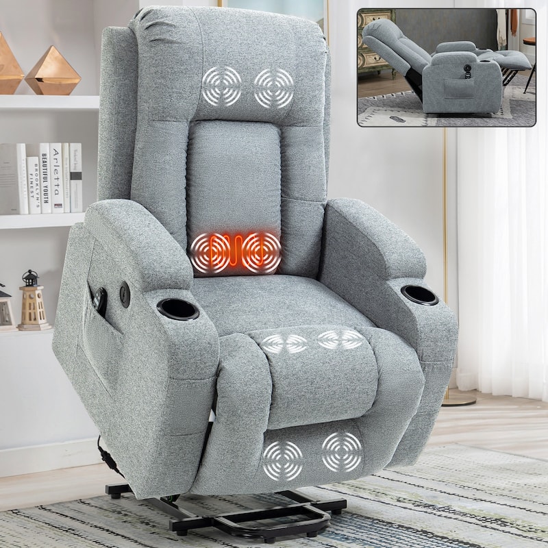 Massage Heat Power Lift Recliner Chair, USB Port, Dual Cup Holders - Grey - Polyester