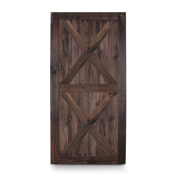 BELLEZE 42in x 84in Double X Sliding Barn Door Unfinished Solid Knotty Pine Wood Single Door DIY Easy Assemble, Espresso