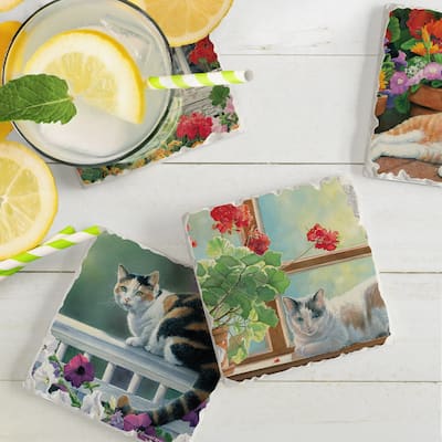 Counterart Absorbent Stone Coaster, A Lazy Day, Set of 4 - 4.01x4.03