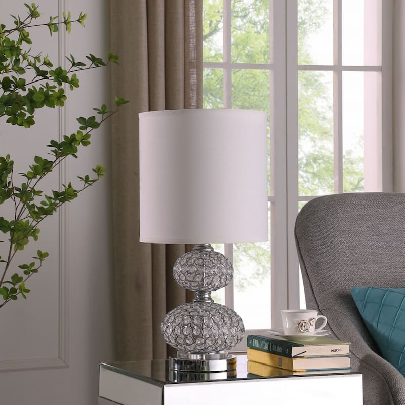 24-Inch Chrome and Crystal Table Lamp with White Drum Shade for Home - 12" x 12" x 24"