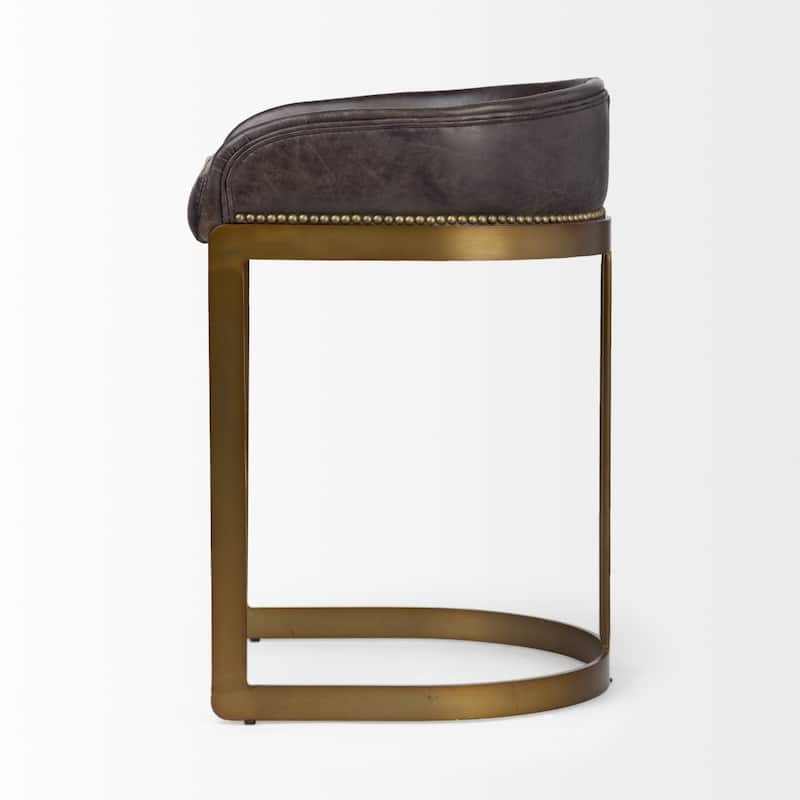 29" Black Genuine Leather Bar Stool with Gold Metal Frame, Footrest, and Contemporary Low Back Design - 29”H x 19.75”W x 20.5”D