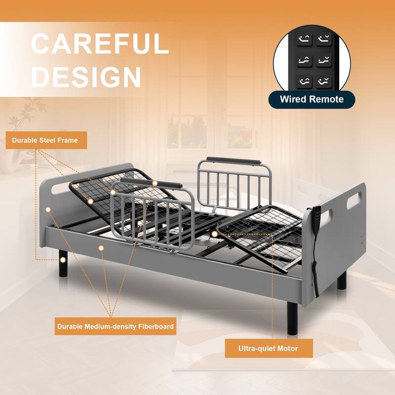 Electric Adjustable Hospital Bed for Home Use with Wired Remote Control, Memory Foam Folding Mattress & Safety Side Rails