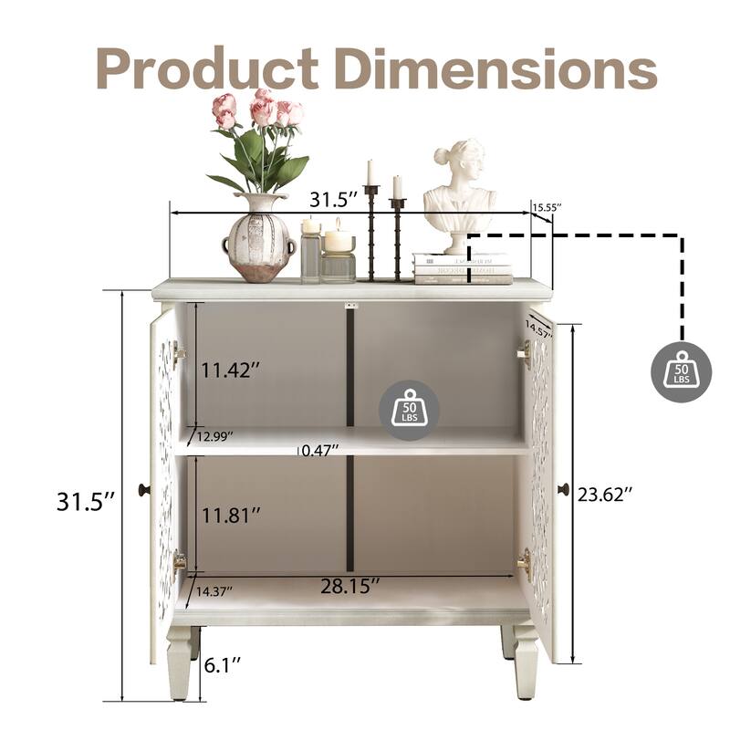 Roomfitters 2-Door Hollow-Carved Accent Cabinet, Symmetrical Floral Sideboard with Adjustable Shelf