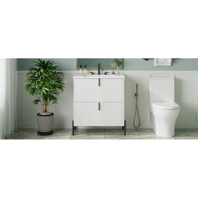 Bathroom Vanity with Ceramic Sink, Freestanding Bathroom Storage Cabinet, Fluted Bathroom Vanity with 2 Full-Extension Drawers