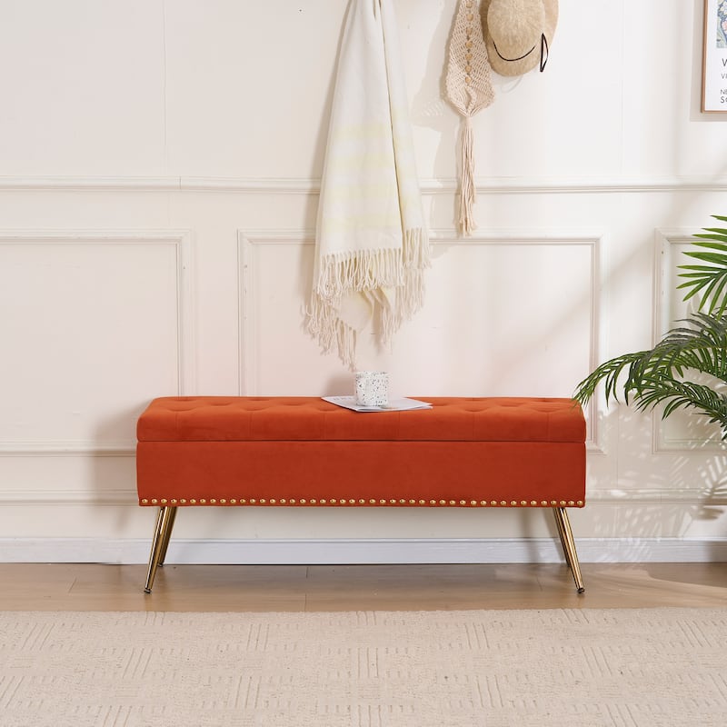 Velvet Storage Ottoman Bench with gold legs and Nailhead Trim for Bedroom/End of Bed/Entryway/Window - Orange-46" Wide