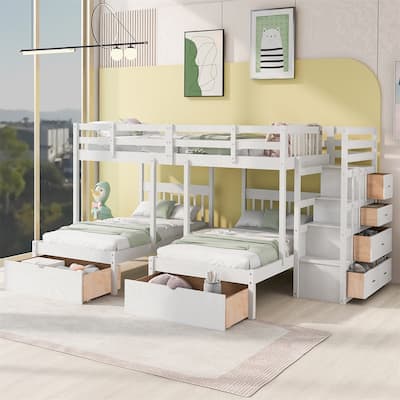 Merax Wood Full over Twin & Twin Bunk Bed with Drawers and Guardrails