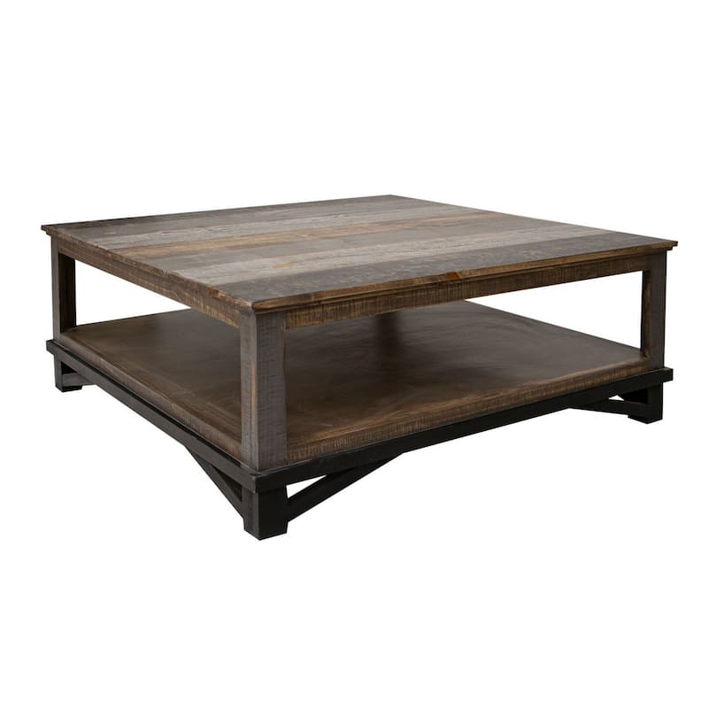 Pola 45 Inch Coffee Table, Square Lower Shelf, Transitional Gray Brown Wood