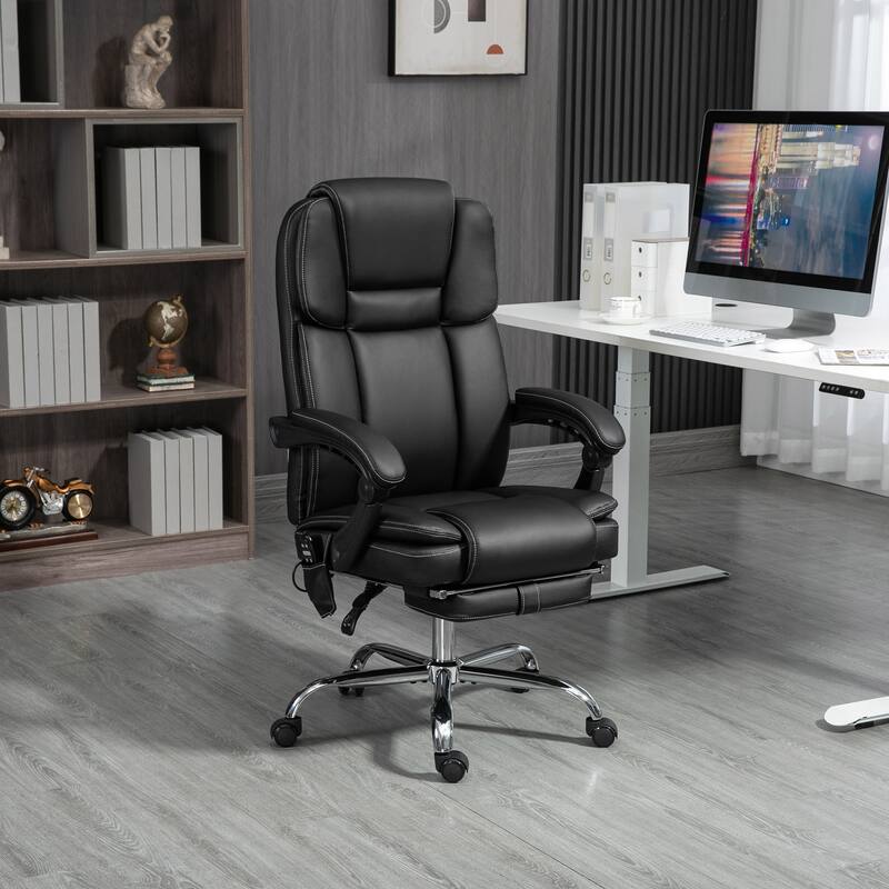 6 Point Vibration Massage Office Chair Reclining PU Leather Upholstery Computer Chair with Lumbar Heating and Footrest - Black