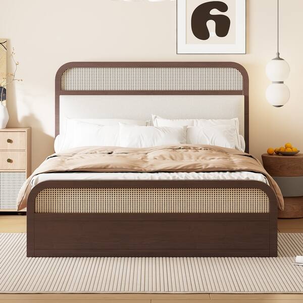 slide 2 of 10, Queen Size Platform Bed with Trundle, Pine Wooden Bed with 2 Drawers, Kid's Bed with Rattan Headboard, Brown Brown