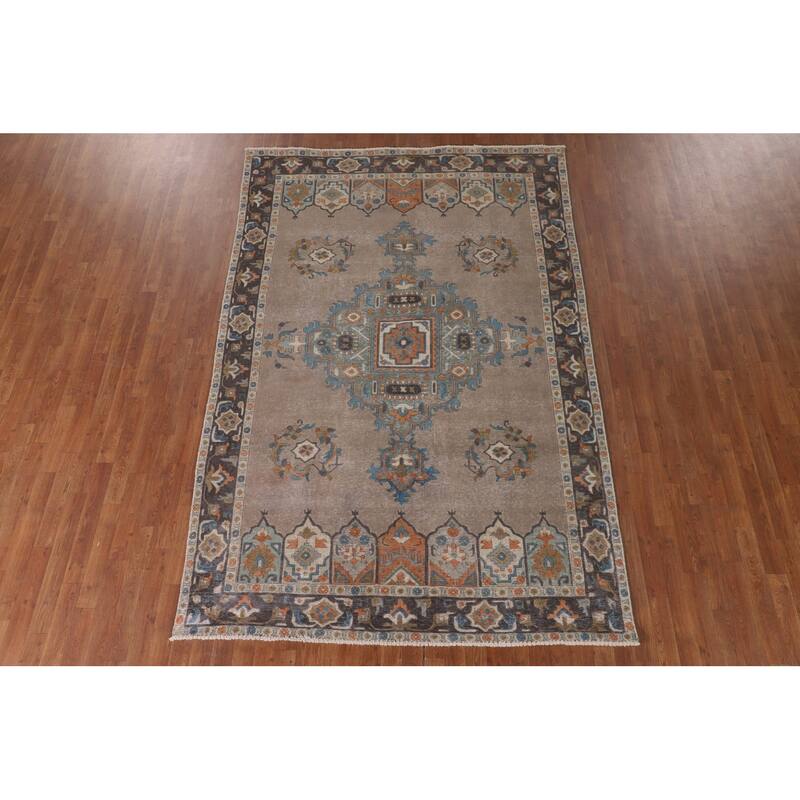 Brown Geometric Tabriz Vintage Rug Handmade Wool Carpet - 6'3"x 9'6"