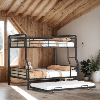 Full XL Over Queen Metal Bunk Bed with Twin Size Trundle for Home