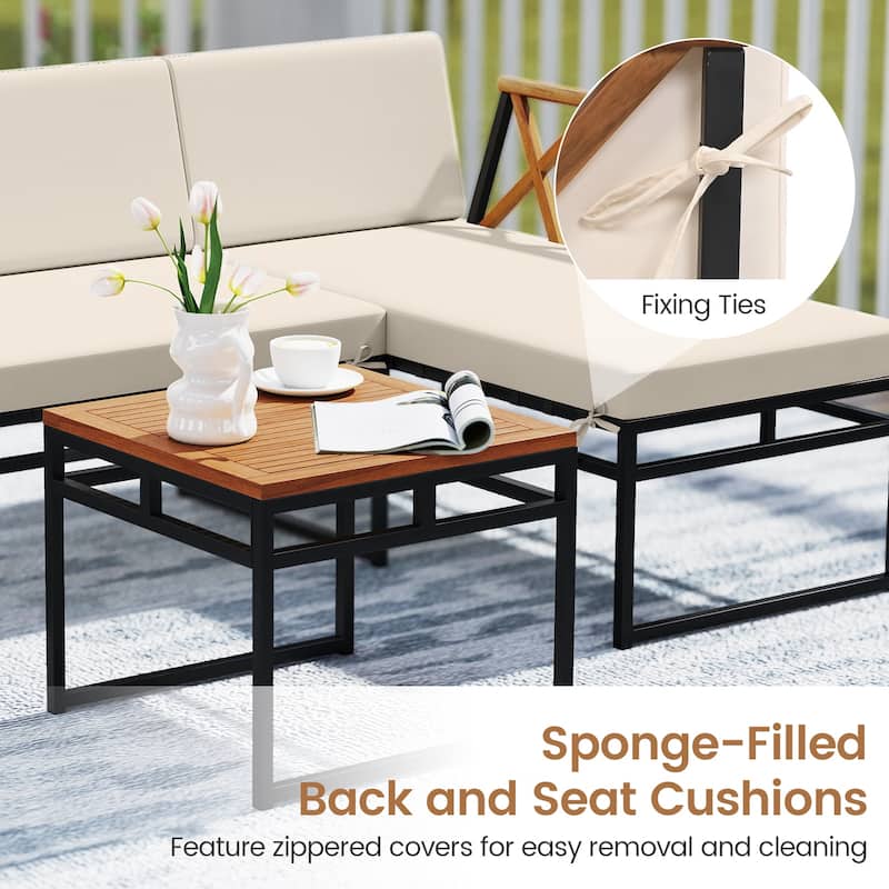 3 Piece Beige Acacia Wood Patio Loveseat Sofa Set with Metal Frame and Table - 72.5" × 47" × 26"