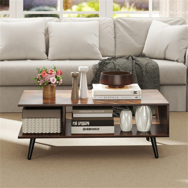 31.5”Long Modern 2-Tier Coffee Table with Open Storage Compartments and Sturdy Metal Legs - 31.5" x 18" x 12"
