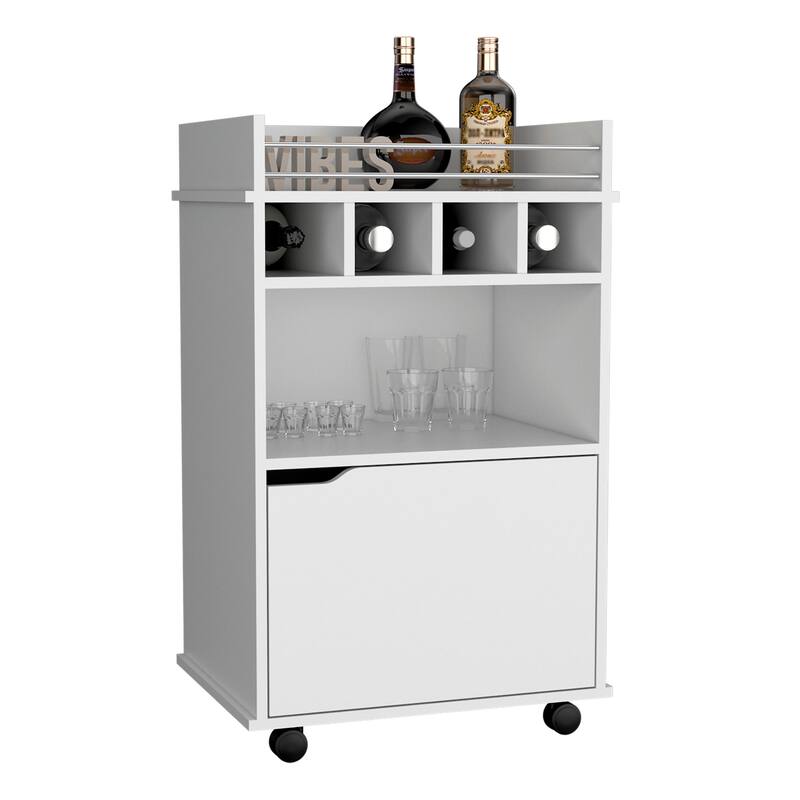 35" H Bar Cart with Two Shelves four Wine Cubbies and One Cabinet,White
