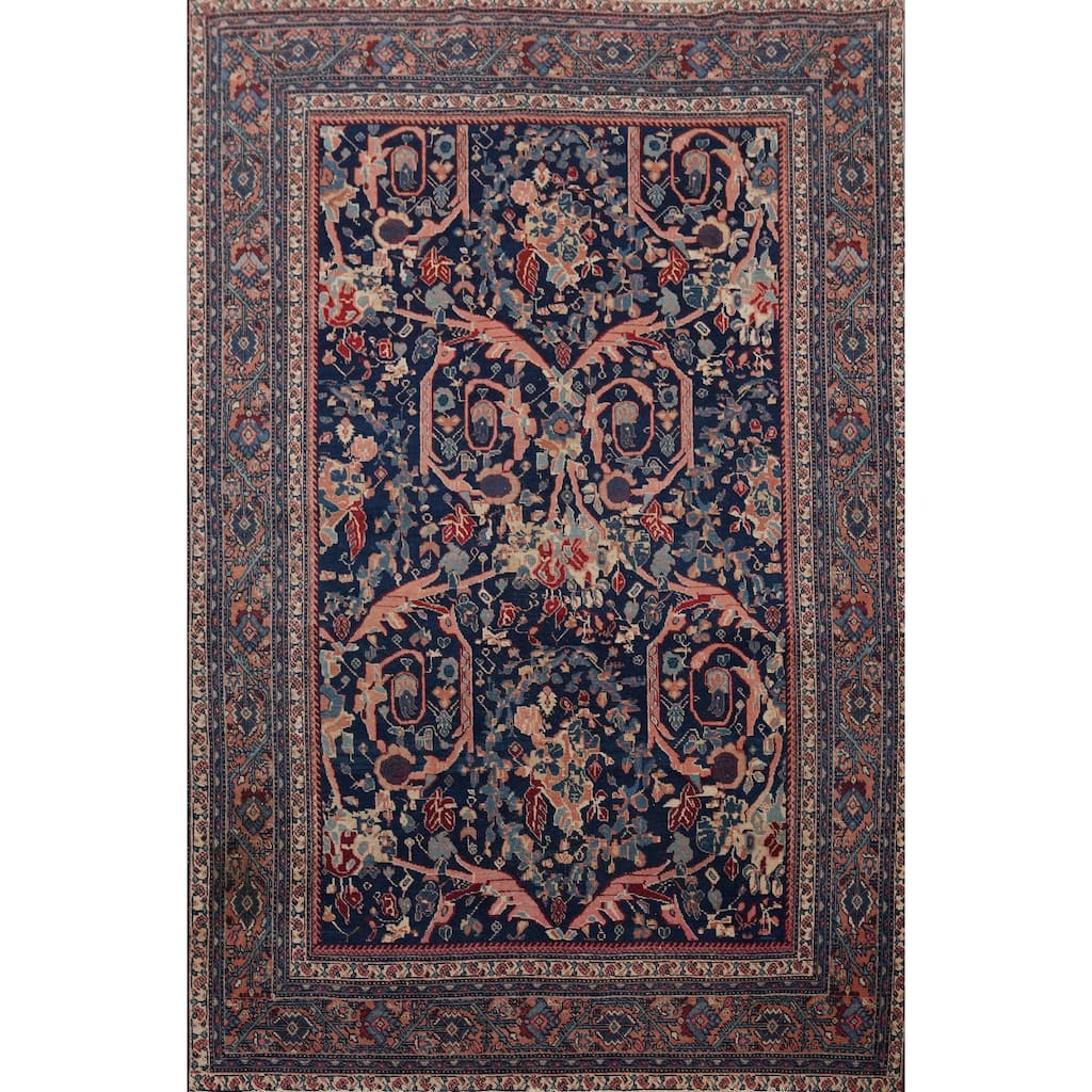 Hand Knotted Oriental 100% Wool Carpet Traditional Floral Navy Blue & Blues Sarouk Area Rug - 6' 5'' X 4' 7''