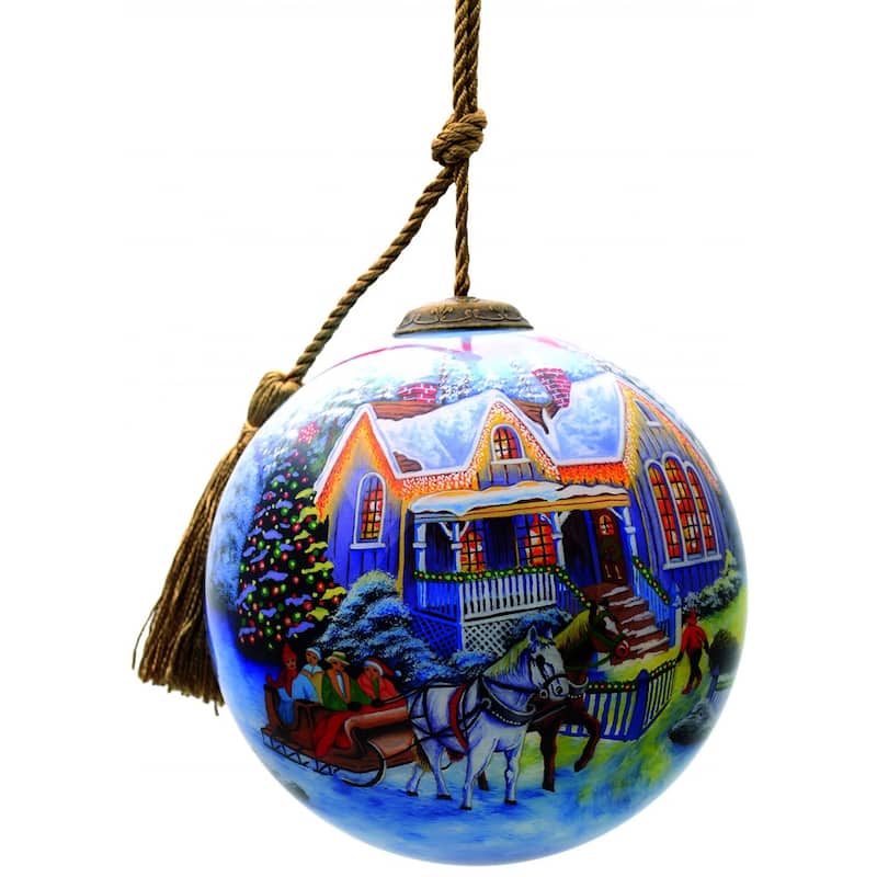 Christmas Home and Horse Carriage Hand Painted Mouth Blown Glass Ornament - 4" x 4" x 4"